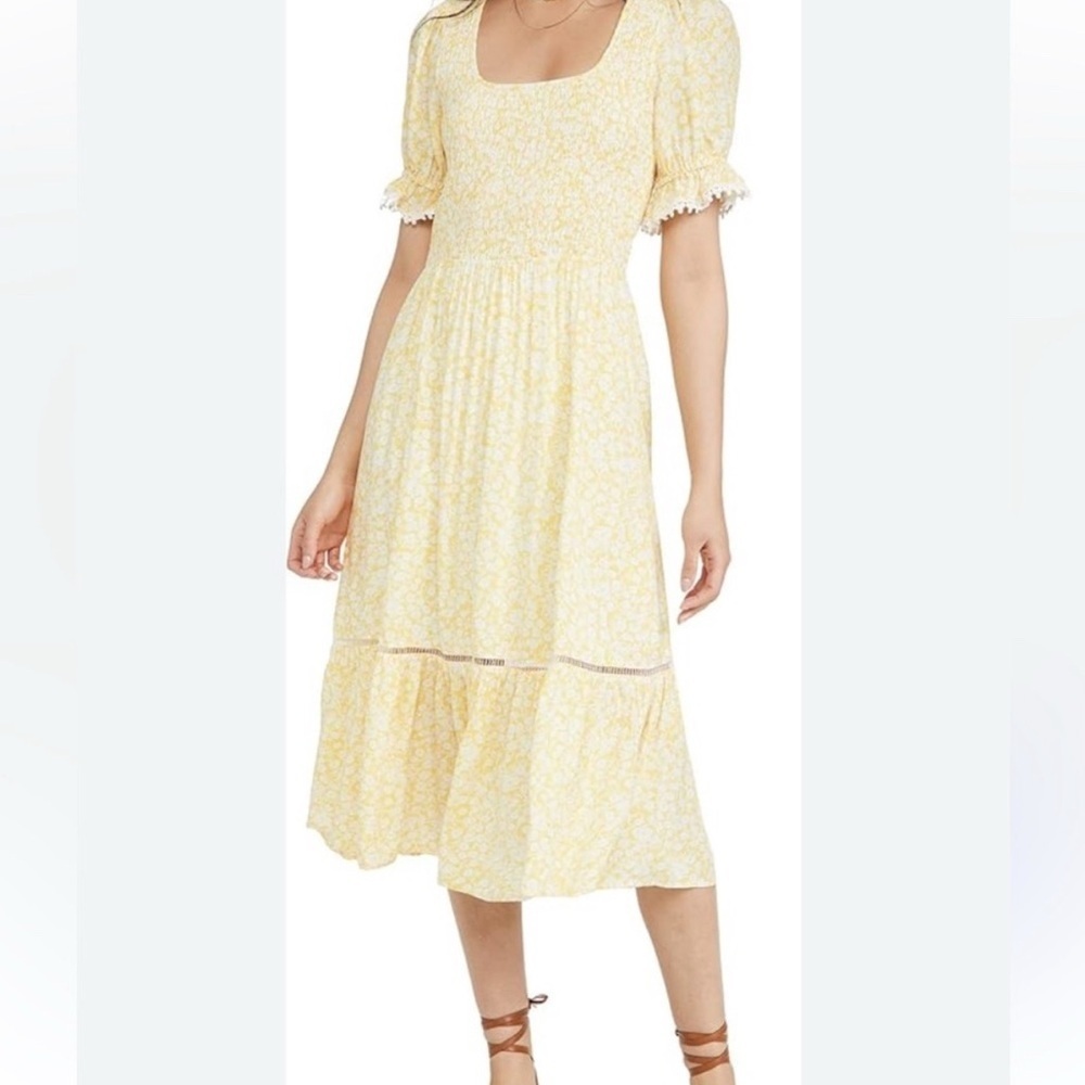 Lost + Wander Midi Dress Floral Yellow Short Sleeve Lace Tiered NWT XS